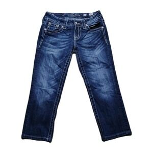 Miss Me Jeans Womens 26 Blue Low Rise Cuffed Capri Distressed Rhinestone Rock